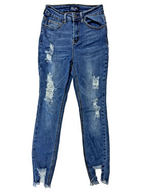 Wax Jean Juniors 3/26 High Rise Ankle Skinny Distressed Destroyed Blue Jeans EUC